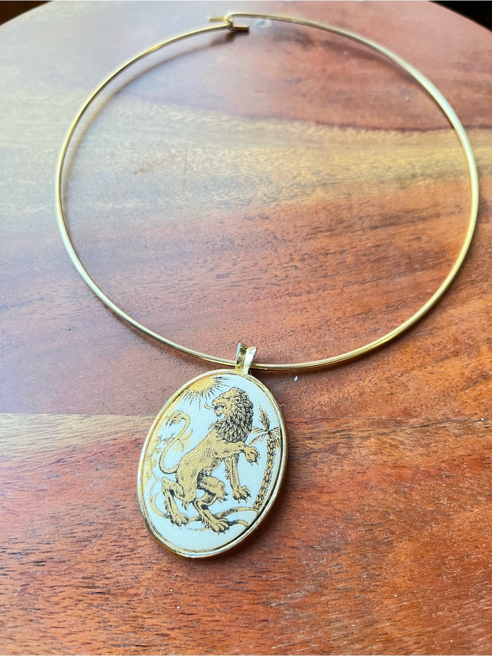 Gold Lion Oval Pendant Necklace - Women's Jewelry
